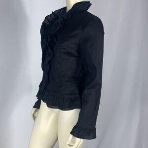 Vintage Y2K Black Ruffled Button Down‎ Linen Top Size 12
